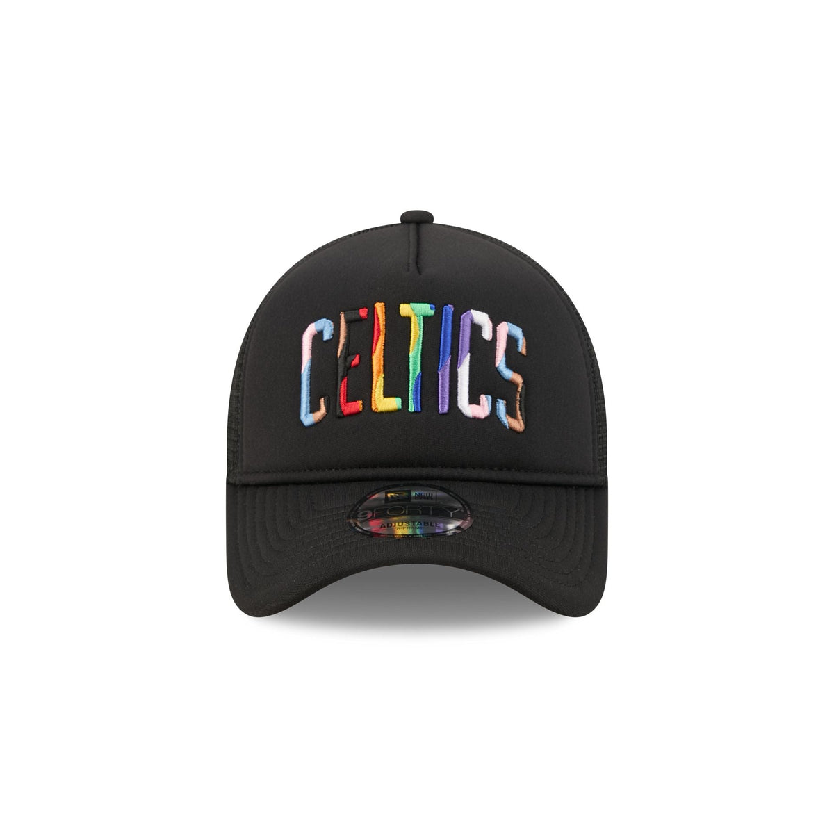 Boston Celtics Rainbow Wordmark 9FORTY A-Frame Trucker Hat