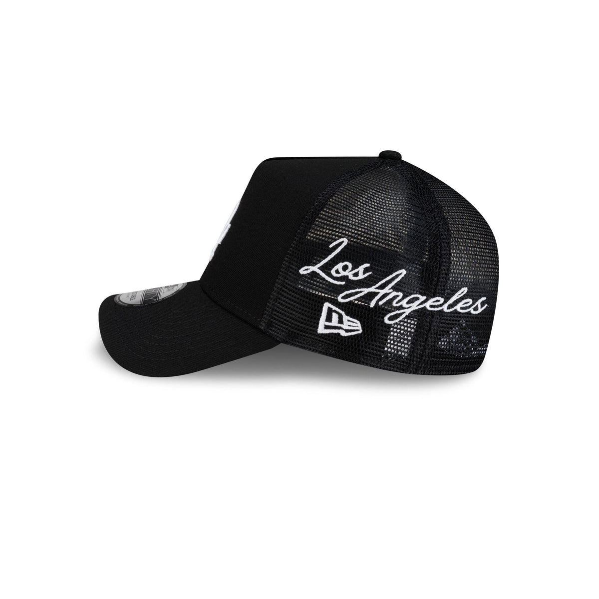 Los Angeles Dodgers Side Script Black 9FORTY A-Frame Trucker Hat