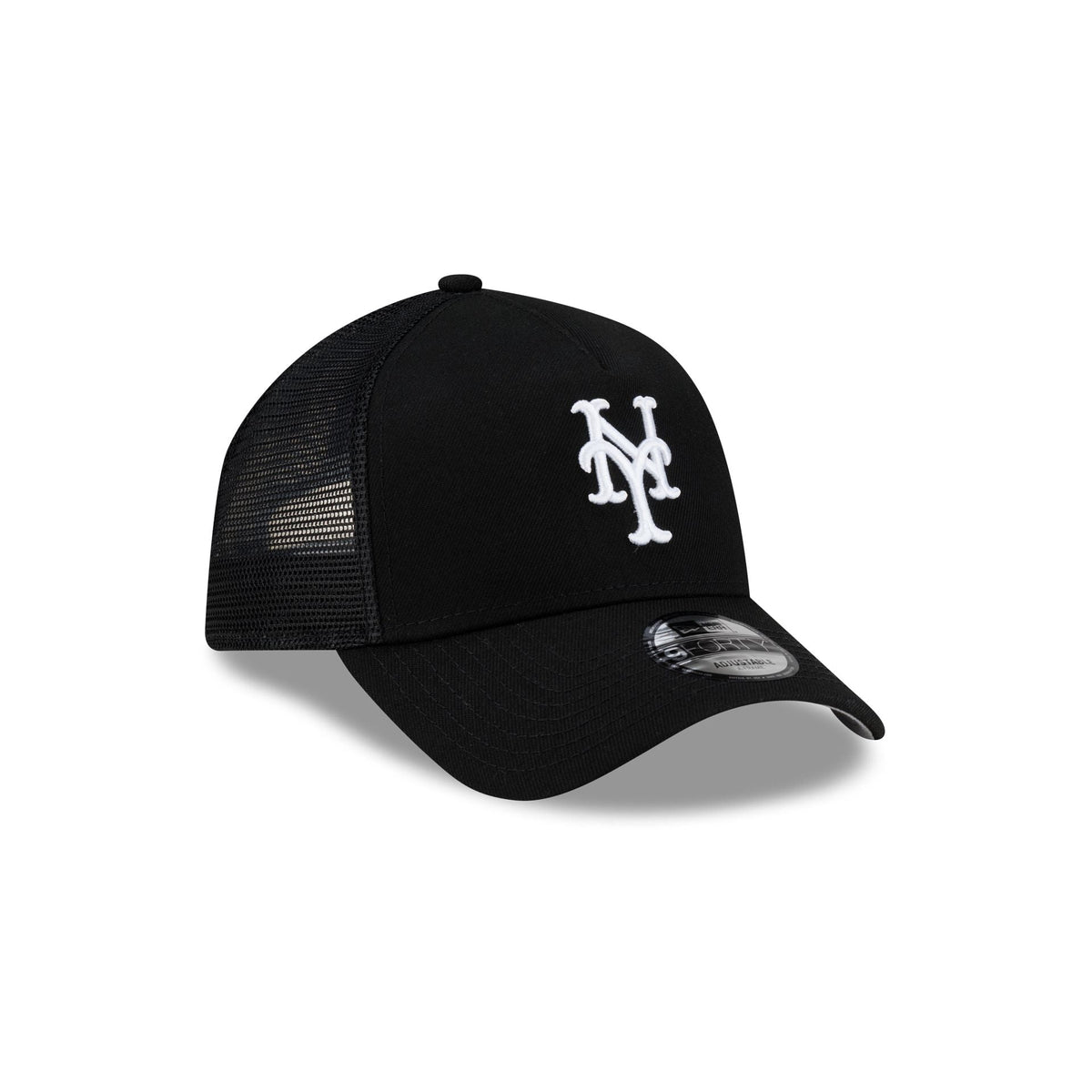 New York Mets Side Script Black 9FORTY A-Frame Trucker Hat