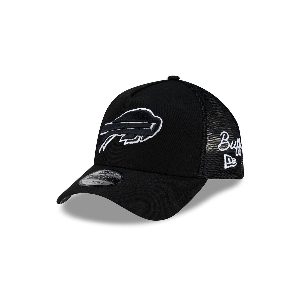 Buffalo Bills Side Script Black 9FORTY A-Frame Trucker Hat