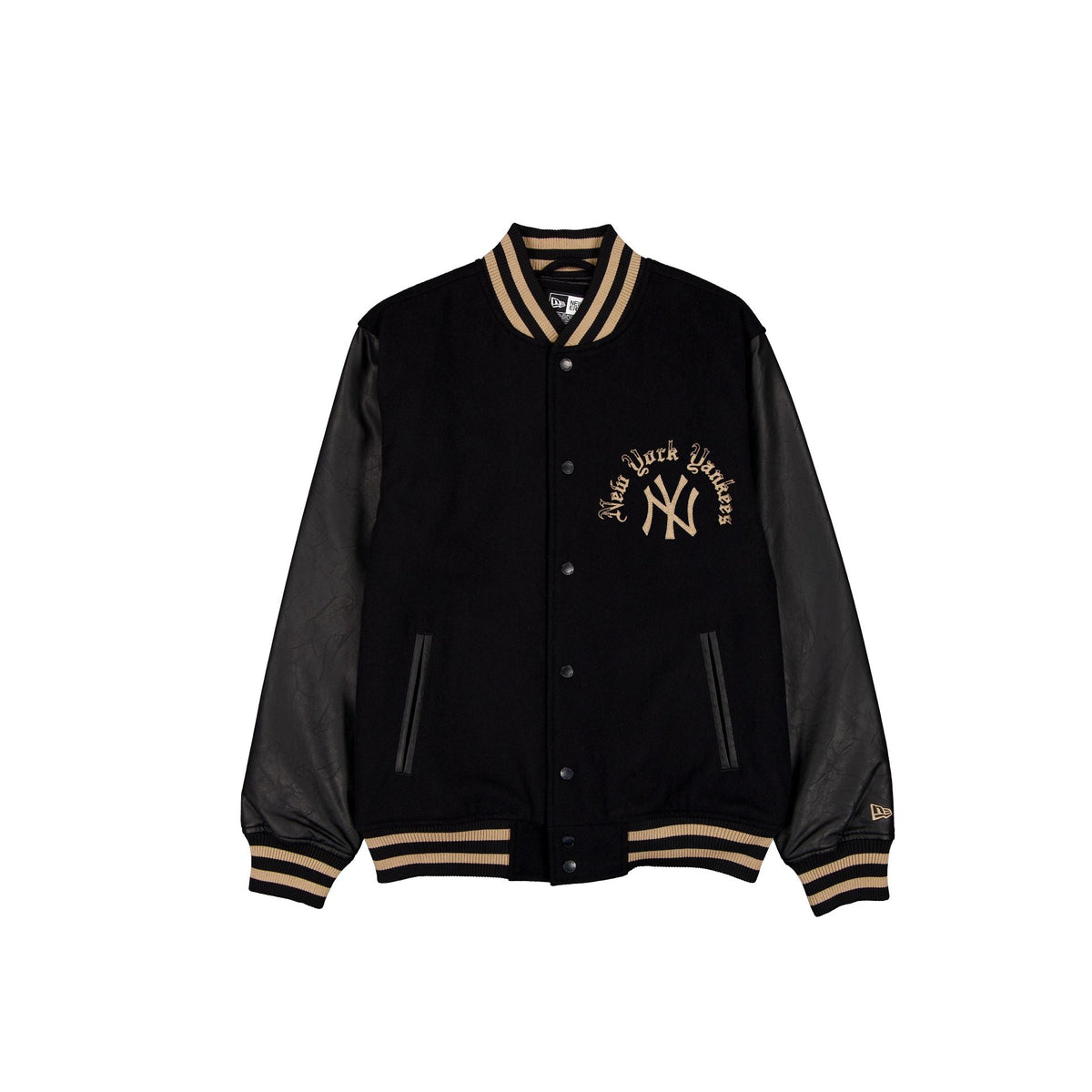 New York Yankees Gothic Lettering Black Wool Varsity Jacket