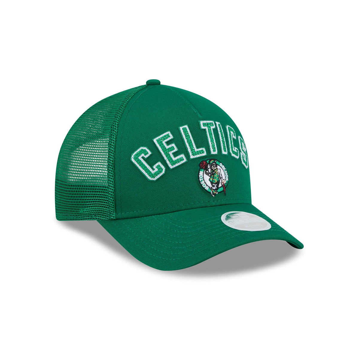 Boston Celtics Sequin Wordmark Women's 9FORTY M-Crown A-Frame Trucker Hat