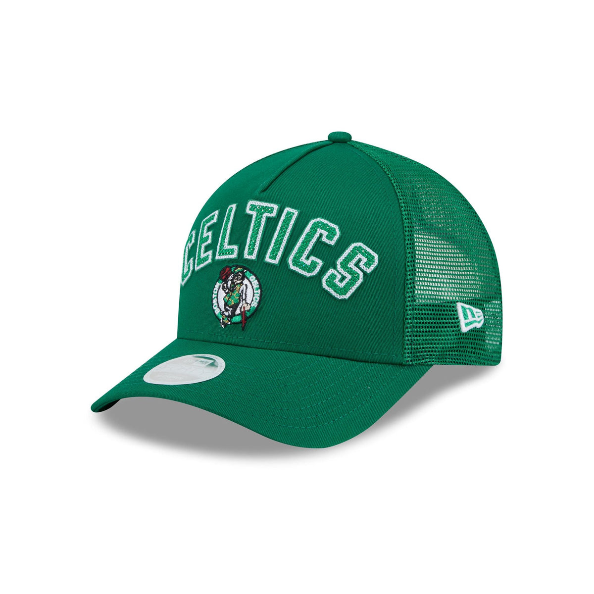 Boston Celtics Sequin Wordmark Women's 9FORTY M-Crown A-Frame Trucker Hat