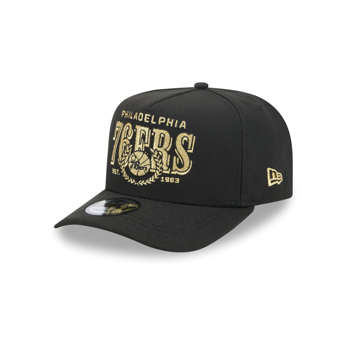 Philadelphia 76ers Gold Laurel Black 9FIFTY A-Frame Snapback Hat